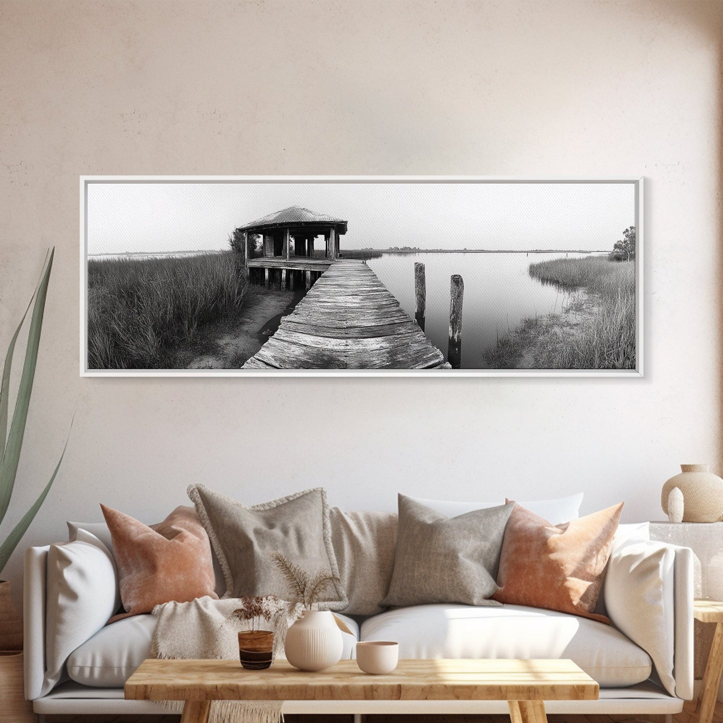 Abandoned Pier, Lakeside Shack, Black and White Marsh, Framed Canvas Print, Rustic Entryway Art, Minimalist Coastal Cabin Decor
