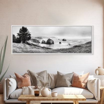 Rocky Coastline Mist, Ocean Cliffs, Foggy Seascape, Moody Decor, Canvas Print, Coastal Wall Art, Nature Photography, Living Room Decor