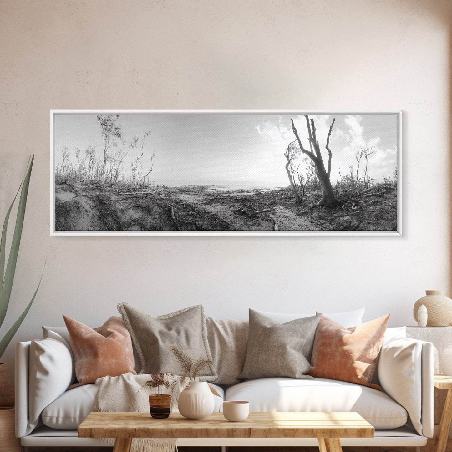 Windswept Coastal Trees, Driftwood Beach Landscape, Black White Canvas Print, Autumn Wall Art, Nature-Inspired Living Room Decor