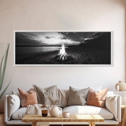 Beach Bonfire, Sunset Glow, Autumn Shoreline, Firelight Sky, Canvas Print, Fall beach decor, cozy wall art, rustic art, lake house style