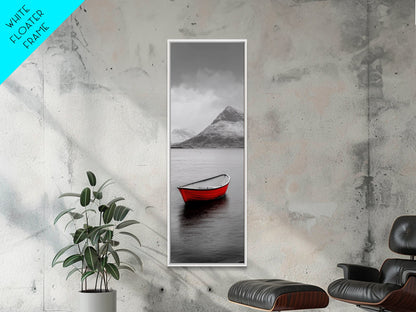 Red Boat, Serene Waters, Mountain Reflection, Winter Landscape – Framed Canvas Print, Minimalist Wall Art, Bedroom Decor, Nature Tranquility