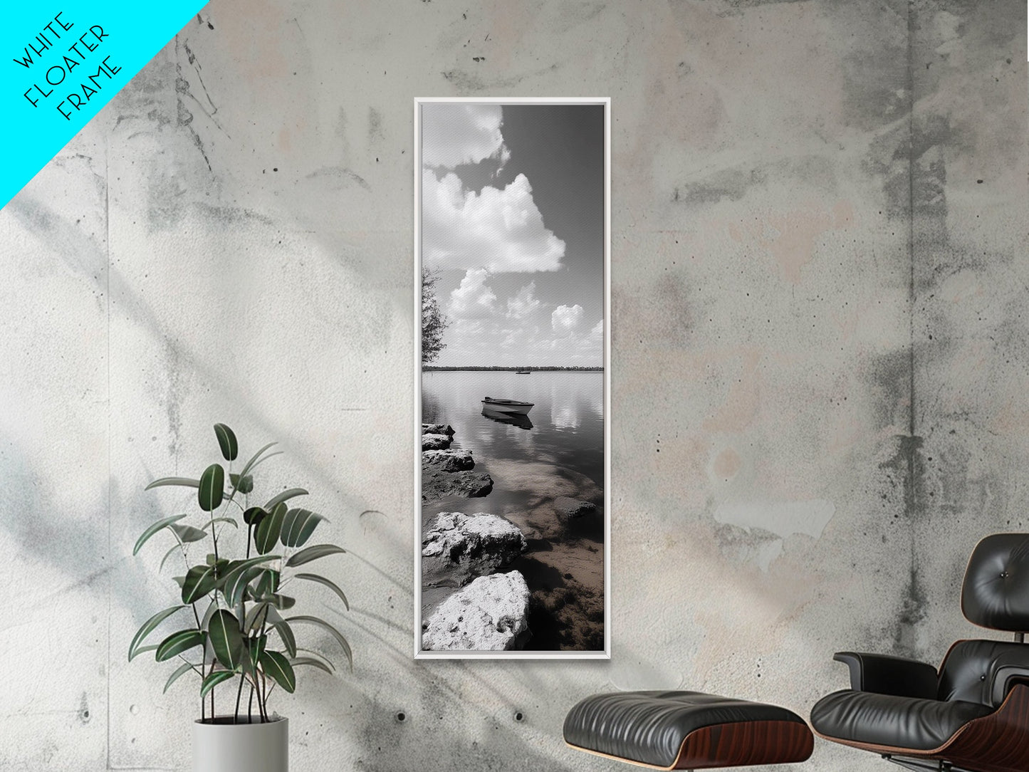 Monochrome Boat Lake, Peaceful Dockside, Still Waters, Minimal Calm, Framed Canvas Print, Bedroom Wall Art, Black White Photography