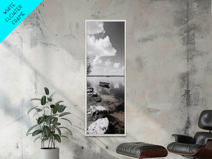 Monochrome Boat Lake, Peaceful Dockside, Still Waters, Minimal Calm, Framed Canvas Print, Bedroom Wall Art, Black White Photography