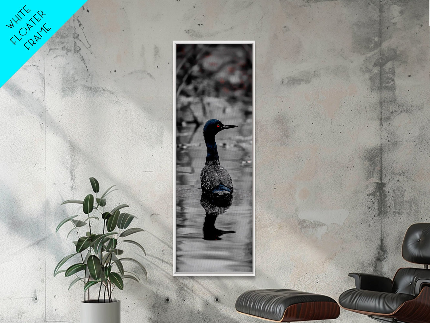 Blue Loon, Water Reflection, Elegant Bird, Lake Life Framed Canvas Print, cabin decor, nature wall art, minimalist bird art, office wall art