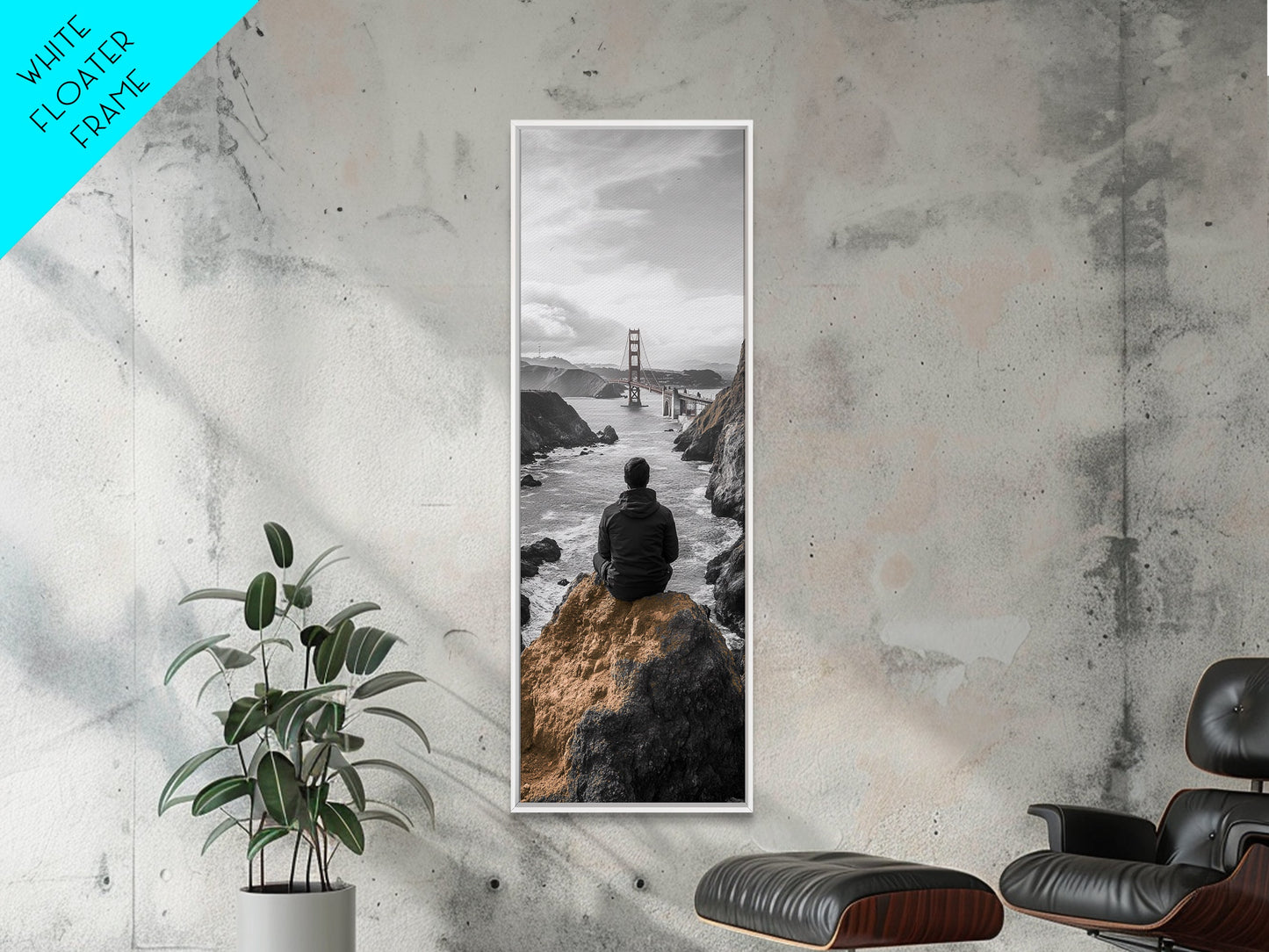 Golden Gate, Solitude View, Man on Cliff, Iconic Bridge, Framed Canvas Print, Travel Wall Art, Office Inspiration, Moody Coastal Decor
