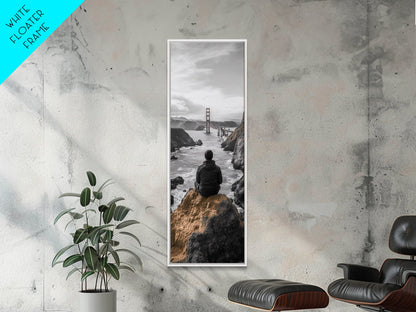 Golden Gate, Solitude View, Man on Cliff, Iconic Bridge, Framed Canvas Print, Travel Wall Art, Office Inspiration, Moody Coastal Decor