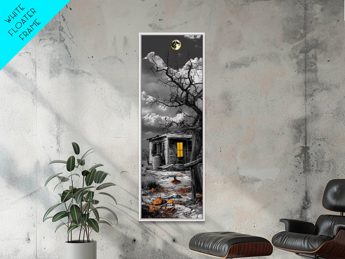 Haunted Cabin, Yellow Light, Full Moon, Framed Canvas Print, Halloween Wall Art, Gothic Decor, Spooky Home Accent, Fall Vibes