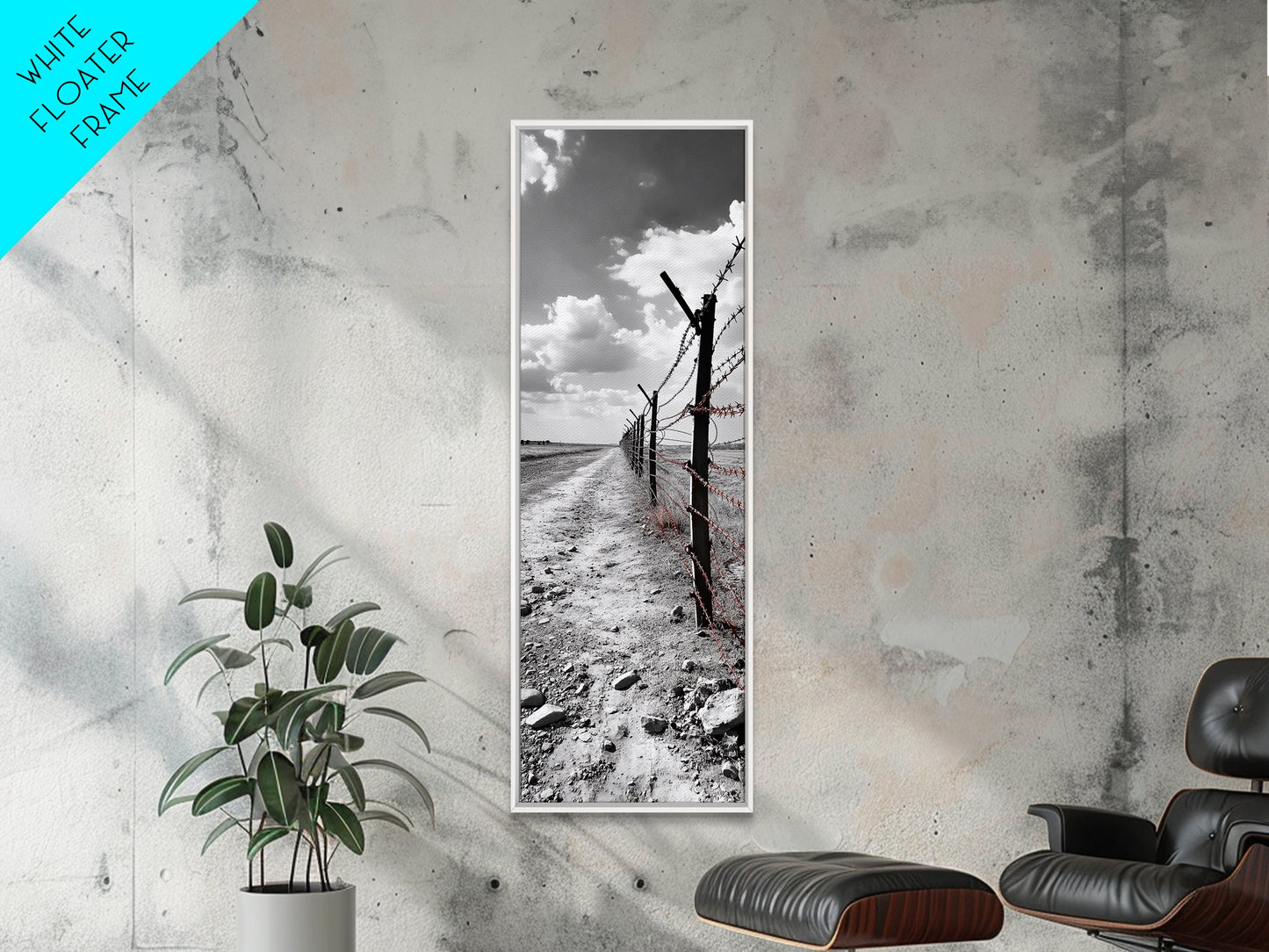 Red Barbed Wire, Desert Fence, Dystopian Path, Framed Canvas Print, Western Rustic Decor, Grunge Wall Art, Monochrome Landscape Style