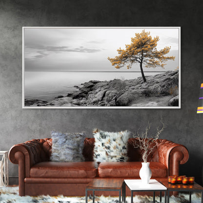 Yellow Tree, Rocky Coast, Minimal Landscape, Ocean Breeze – Canvas Print, Zen Wall Art, Nature Minimalist Decor, Scandinavian Interior
