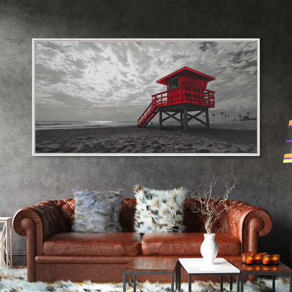 Red Lifeguard Tower, Beachscape, Dramatic Sky, Coastal Life, Framed Canvas Print, Modern Beach Wall Art, Bold Bathroom Decor