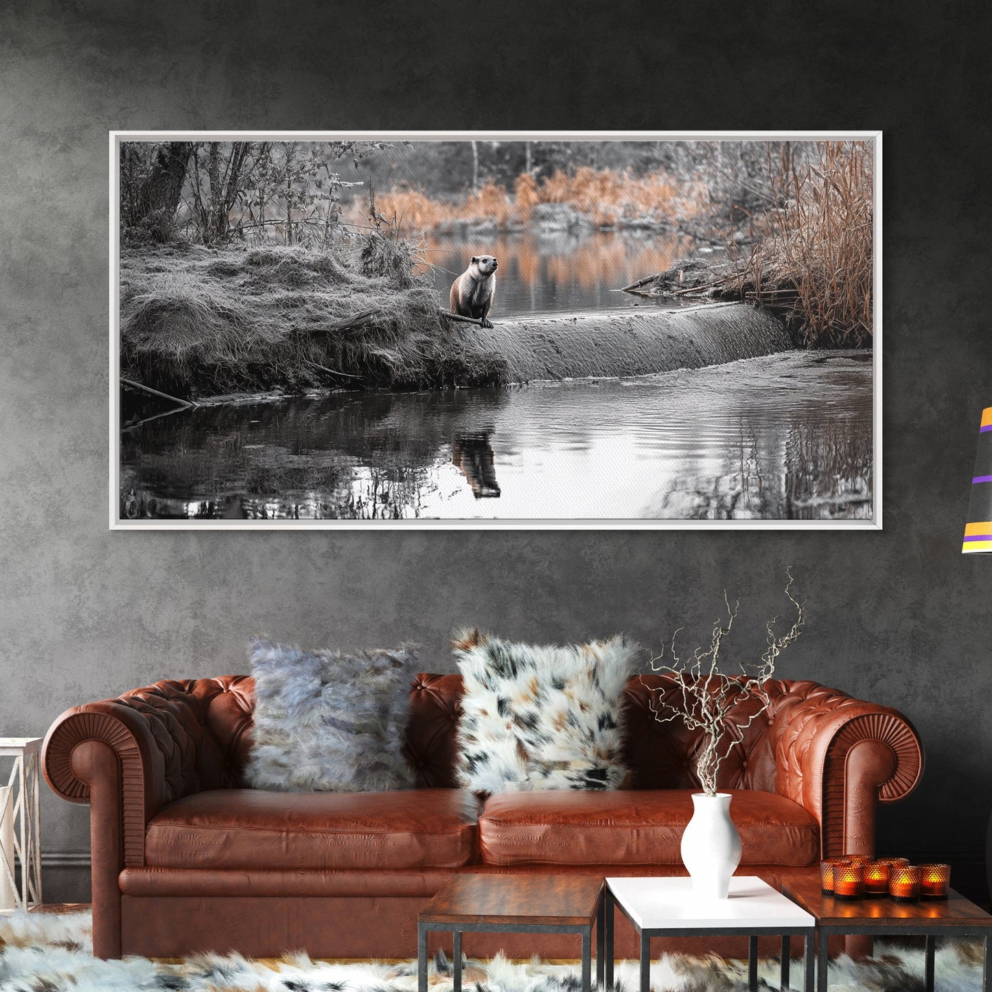 River Otter View, Wildlife Scene, Autumn Nature, Moody Landscape, Framed Canvas Print, Cabin Decor, Animal Wall Art, Woodland Aesthetic