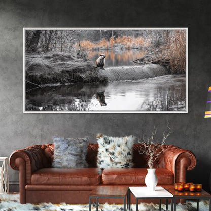 River Otter View, Wildlife Scene, Autumn Nature, Moody Landscape, Framed Canvas Print, Cabin Decor, Animal Wall Art, Woodland Aesthetic