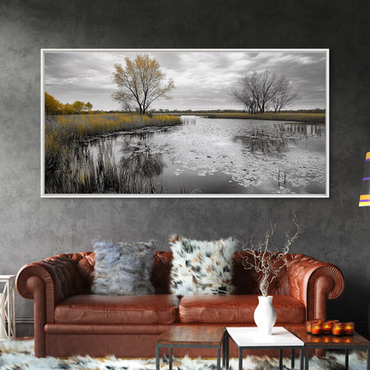 Lily Pond Trees, Serene Reflection, Autumn Landscape, Calm Water Scene, Framed Canvas Print, Nature Wall Art, Fall Living Room Decor