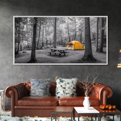 Yellow Tent, Forest Camping, Wilderness Escape, Outdoor Living, Framed Canvas Print, Fall Bedroom Art, Minimalist Nature, Hiking Vibes