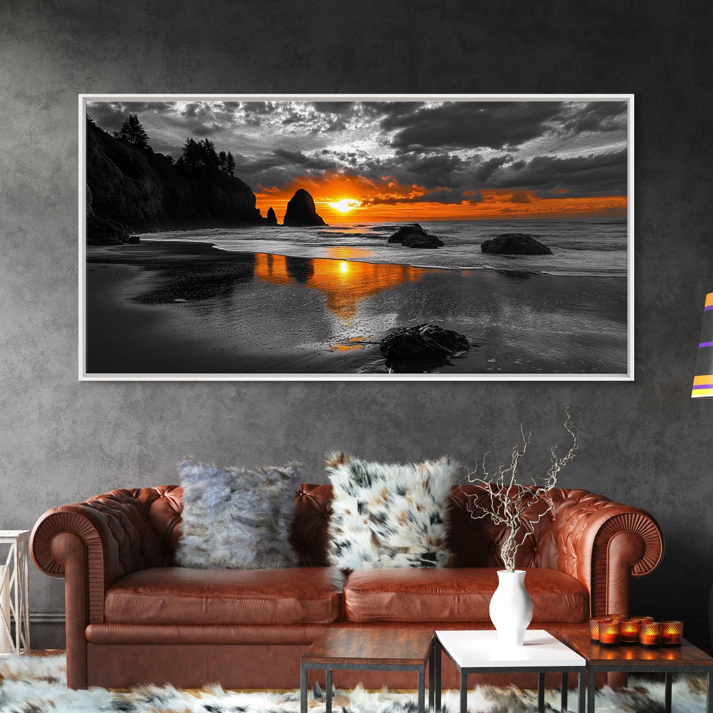 Sunset Beach, Fiery Sky, Ocean Glow, Moody Seascape, Framed Canvas Print coastal living room wall art, dramatic sunset photography