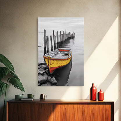 Yellow Rowboat, Coastal Mood, Pier View, Nautical Nostalgia, Framed Canvas Print, Beach House Wall Art, Rustic Seaside Decor