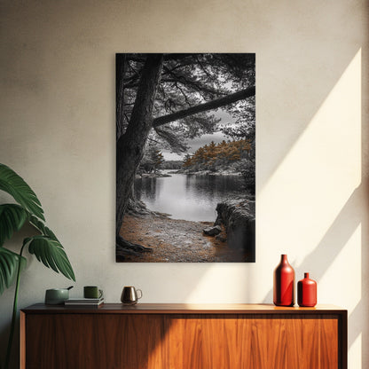 Autumn Forest Lake, Nature Photography, Scenic Landscape, Canvas Print, Rustic Cabin Decor, Neutral Tones, Bedroom Wall Art, Outdoor Art
