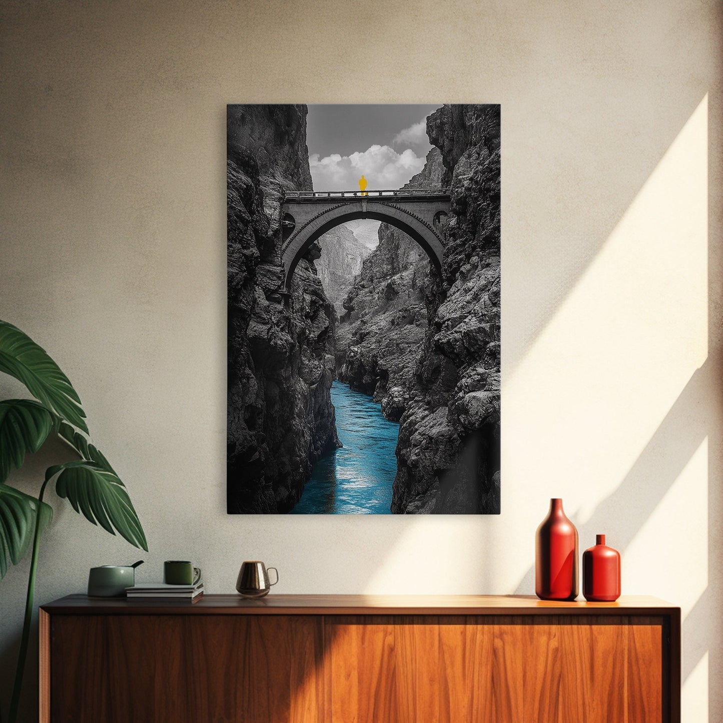 Canyon Bridge, Blue River, Yellow Figure, Framed Canvas Print, Bold Color Photography, Dramatic Landscape, Office Statement Art