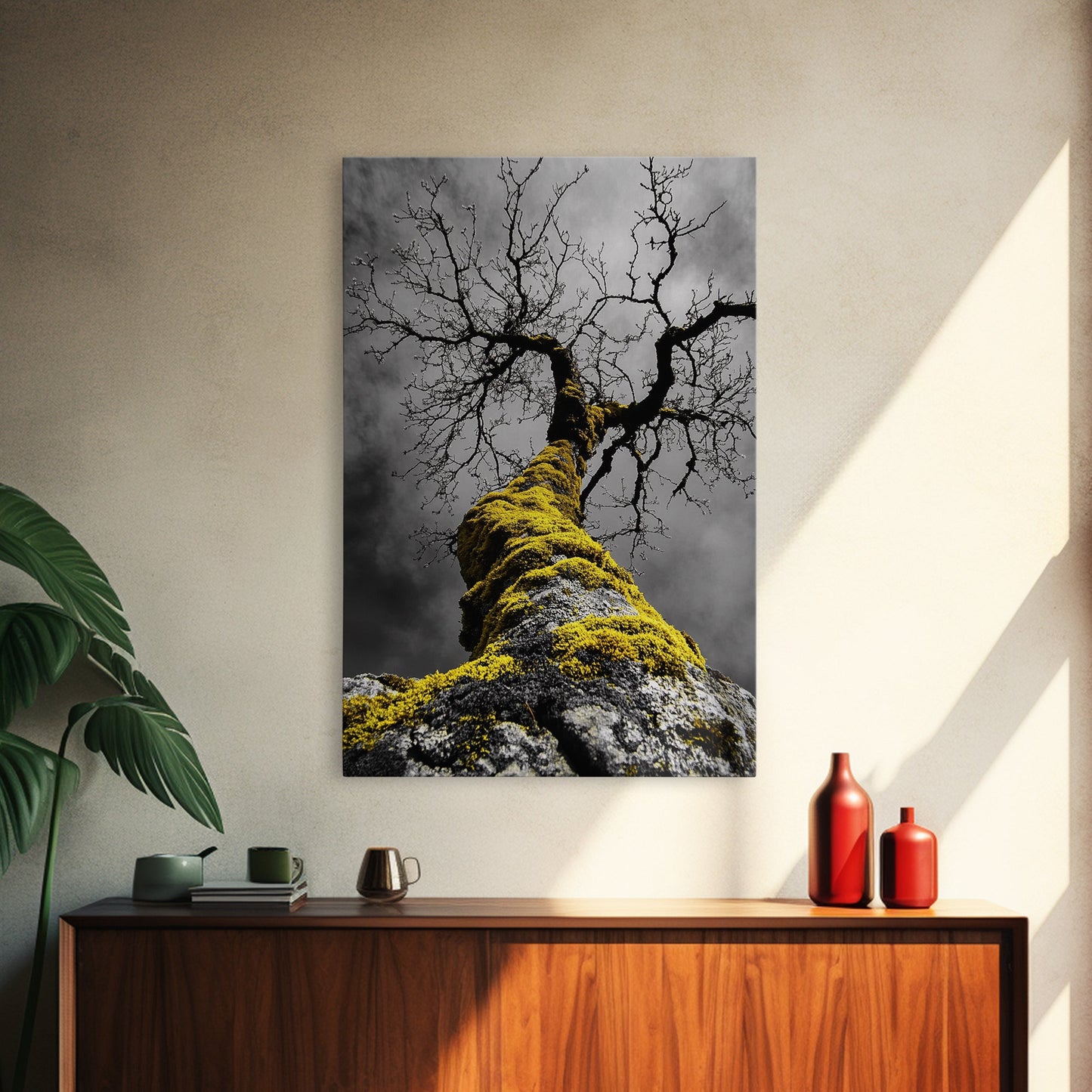Moss Covered Tree, Dramatic Nature Scene, Autumn Forest Decor, Moody Woodland Art, Framed Canvas Print, Rustic Living Room Wall Art