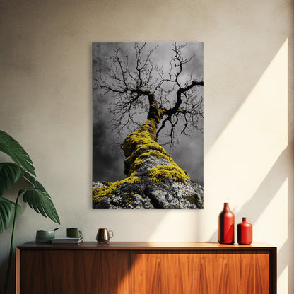 Moss Covered Tree, Dramatic Nature Scene, Autumn Forest Decor, Moody Woodland Art, Framed Canvas Print, Rustic Living Room Wall Art