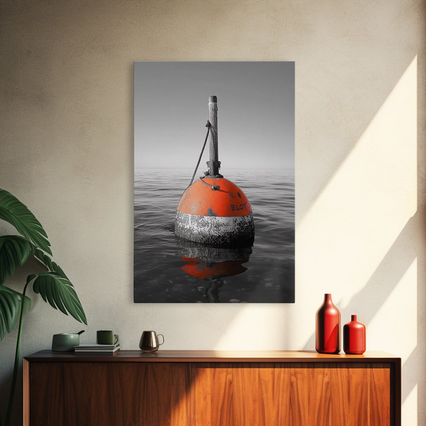 Meeresboje, rote Markierung, maritimer Minimalismus, Leinwanddruck, Küsten-Badezimmerkunst, nautische Wanddekoration, maritime Industrieästhetik