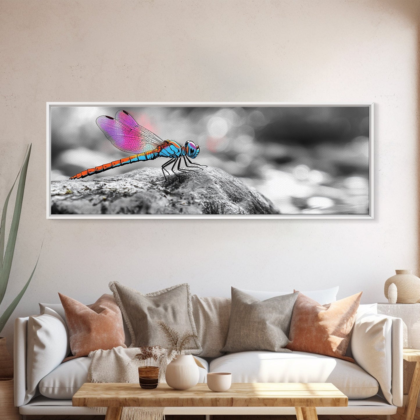 Neon Dragonfly, Nature Insect, Color Burst, Macro Beauty — Framed Canvas Print, Modern Boho Art, Bedroom Wall Art, Nature Photography