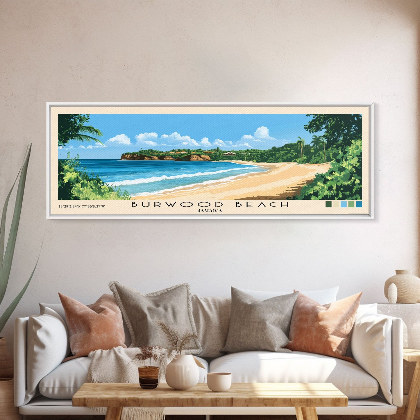 Burwood Beach, Jamaica Panoramic Beach Print, Vacation Gift, Jamaica Wall Art, Beach Painting, Beach Decor, Beach Painting