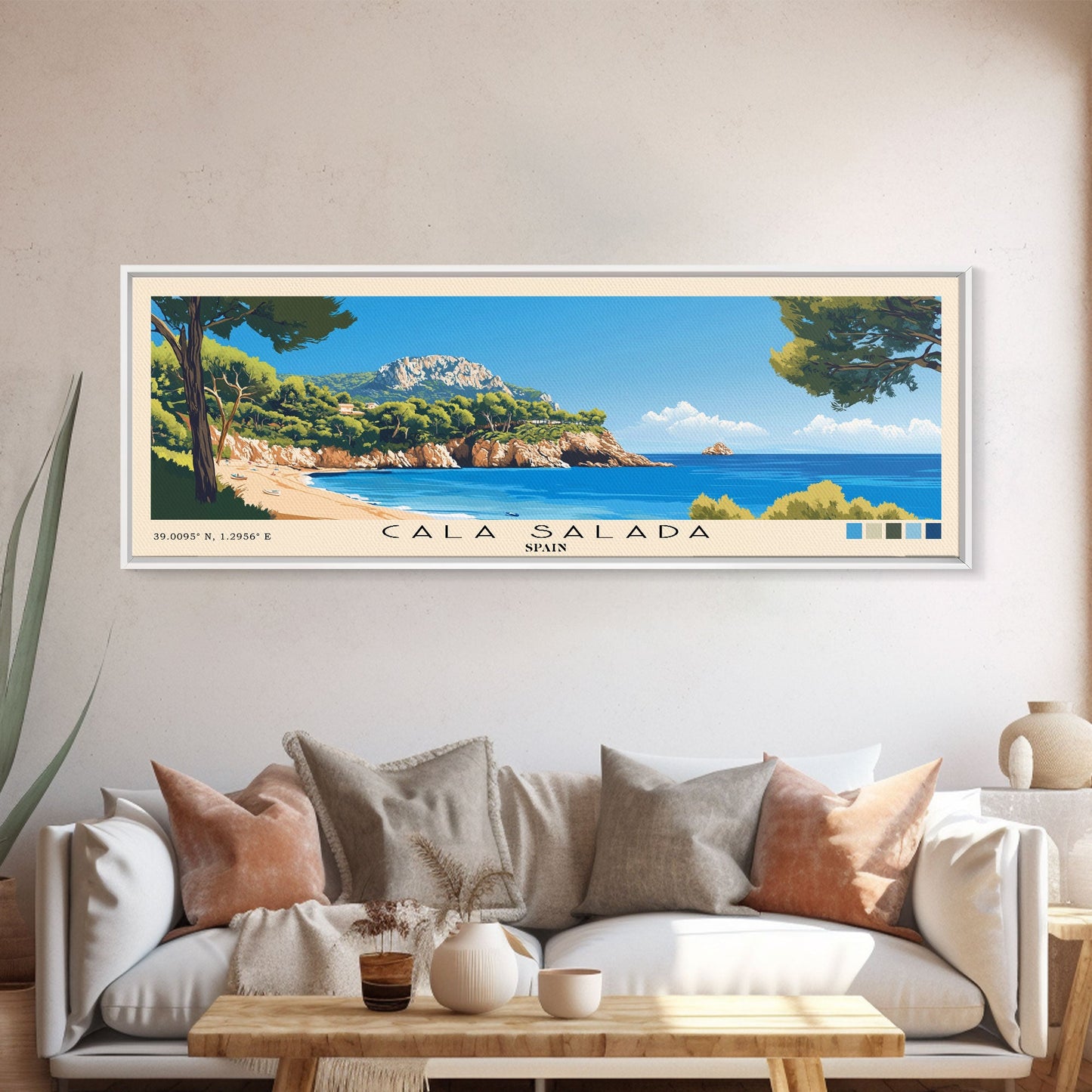 Cala Salada, Spain Panoramic Beach Print, Vacation Gift, Spain Wall Art, Beach Painting, Beach Decor, Beach Painting