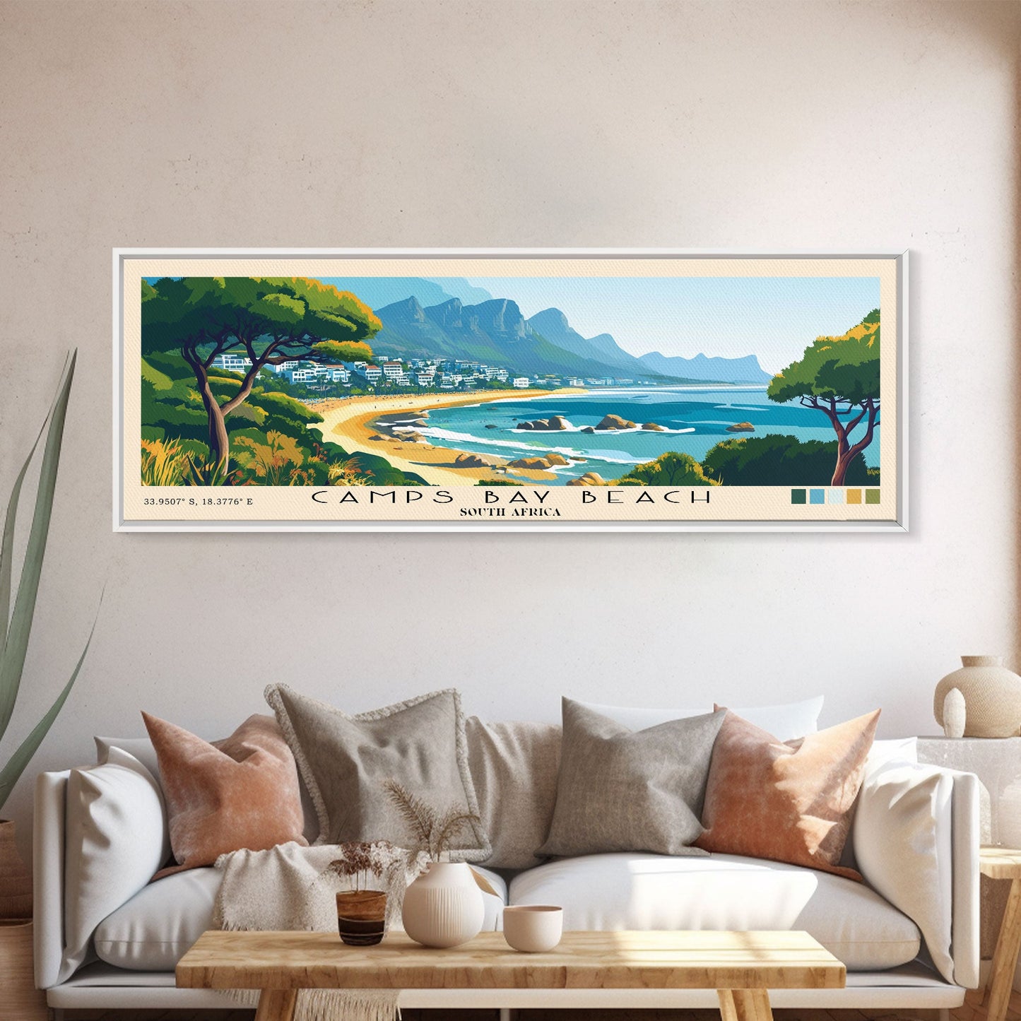 Camps Bay Beach, South Africa Panoramic Beach Print, Vacation Gift, South Africa Wall Art, Framed Canvas Print, Framed Beach Painting