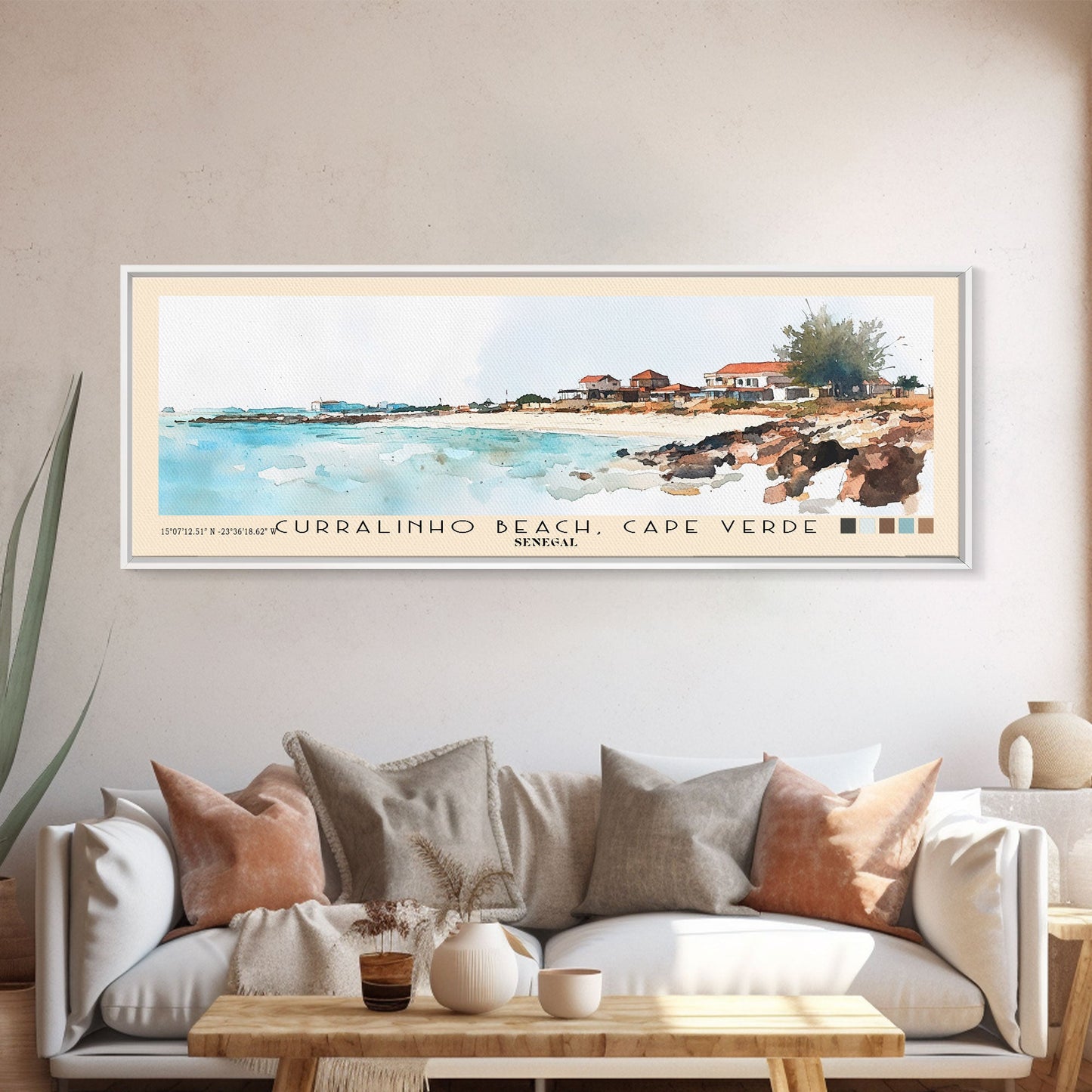 Curralinho Beach, Cape Verde, Senegal Watercolor Print, Vacation Gift, Senegal Wall Art, Beach Painting, Beach Decor, Large Wall Art, Wood Frame Art