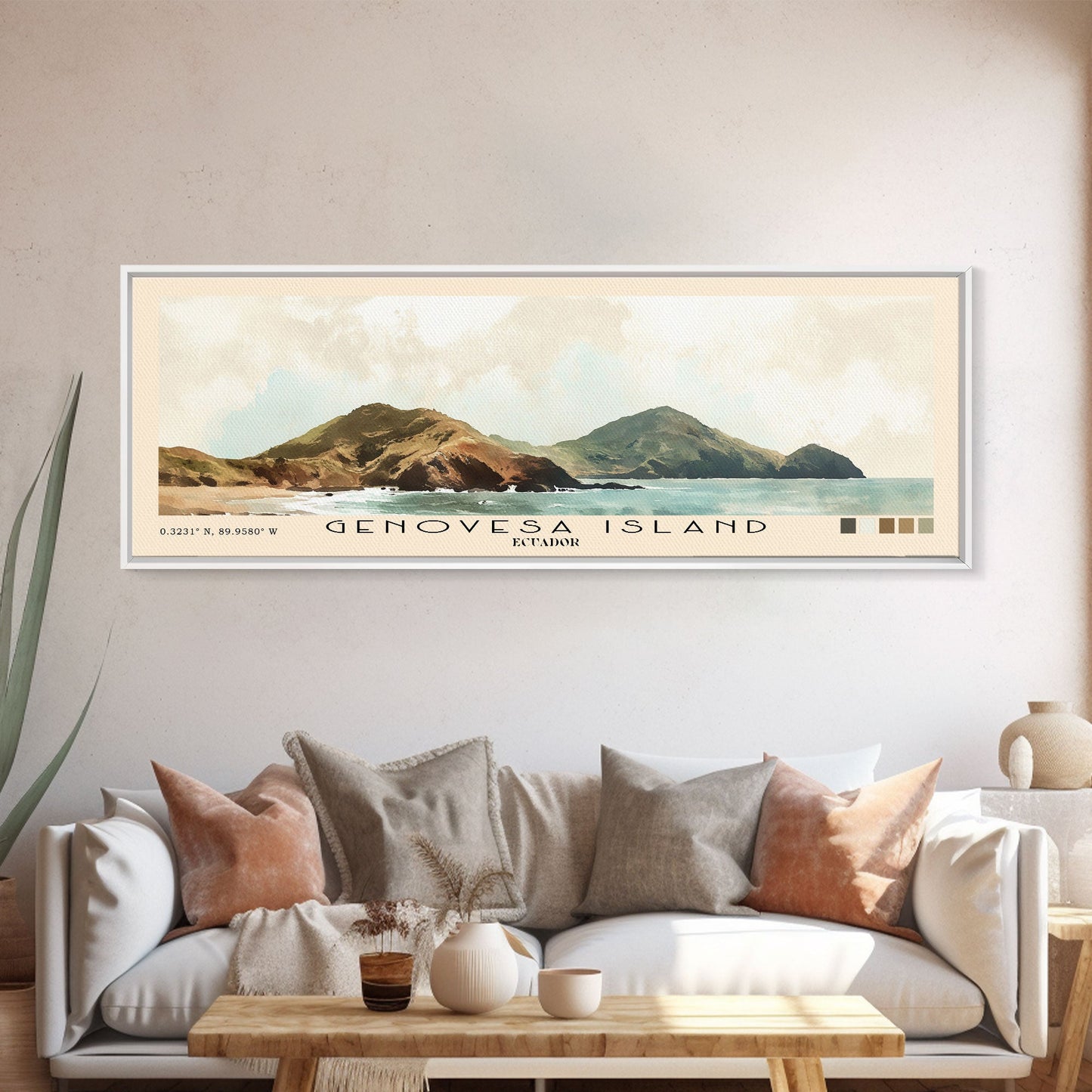 Genovesa Island, Ecuador Watercolor Beach Print, Vacation Gift, Ecuador Wall Art, Framed Canvas Print, Framed Beach Painting