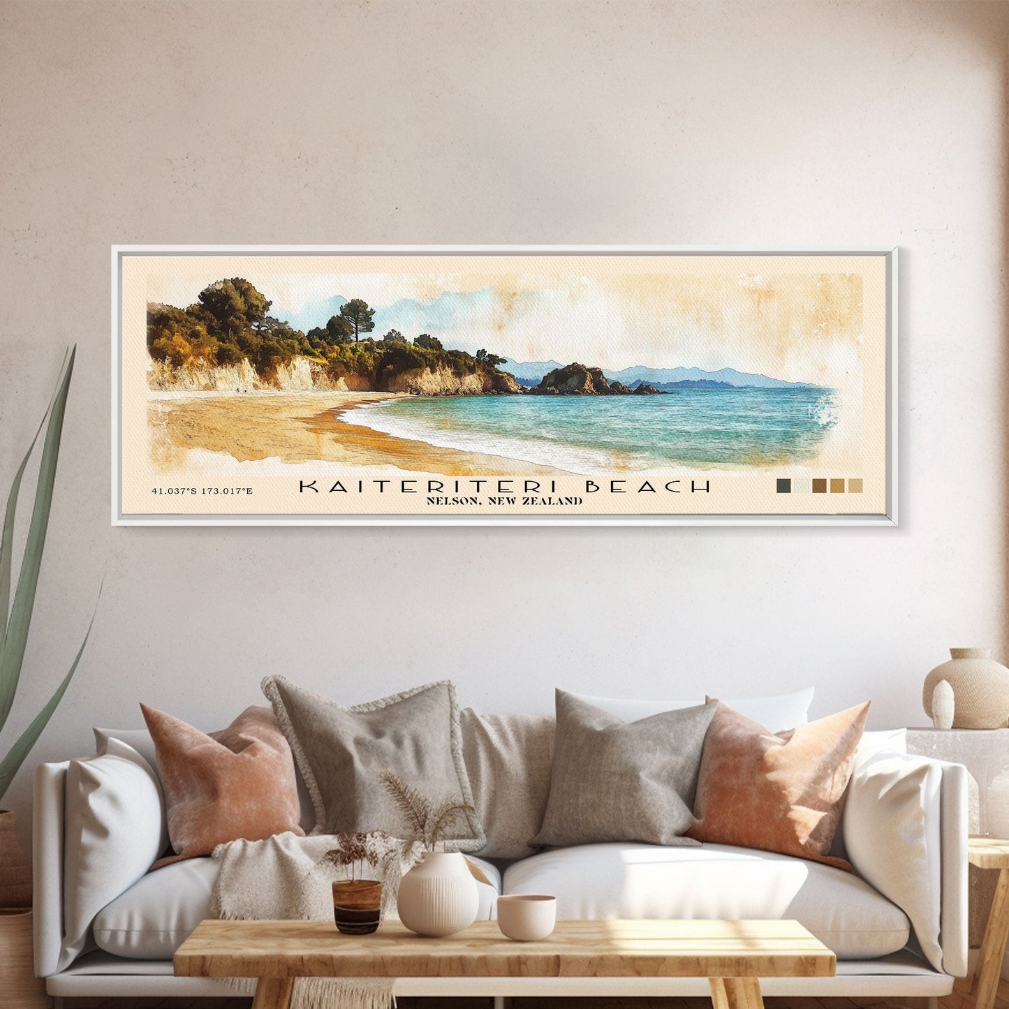 Kaiteriteri Beach, Nelson, New Zealand Watercolor Print, Vacation Gift, Nelson, New Zealand Wall Art, Beach Painting, Beach Decor, Large Wall Art, Wood Frame Art