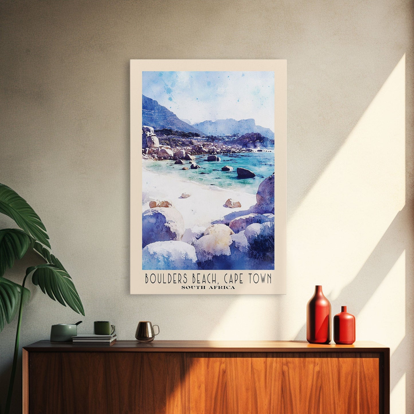 Boulders Beach, Cape Town, South Africa Watercolor Print, Vacation Gift, South Africa Wall Art, Beach Painting, Beach Decor, Large Wall Art, Wood Frame Art