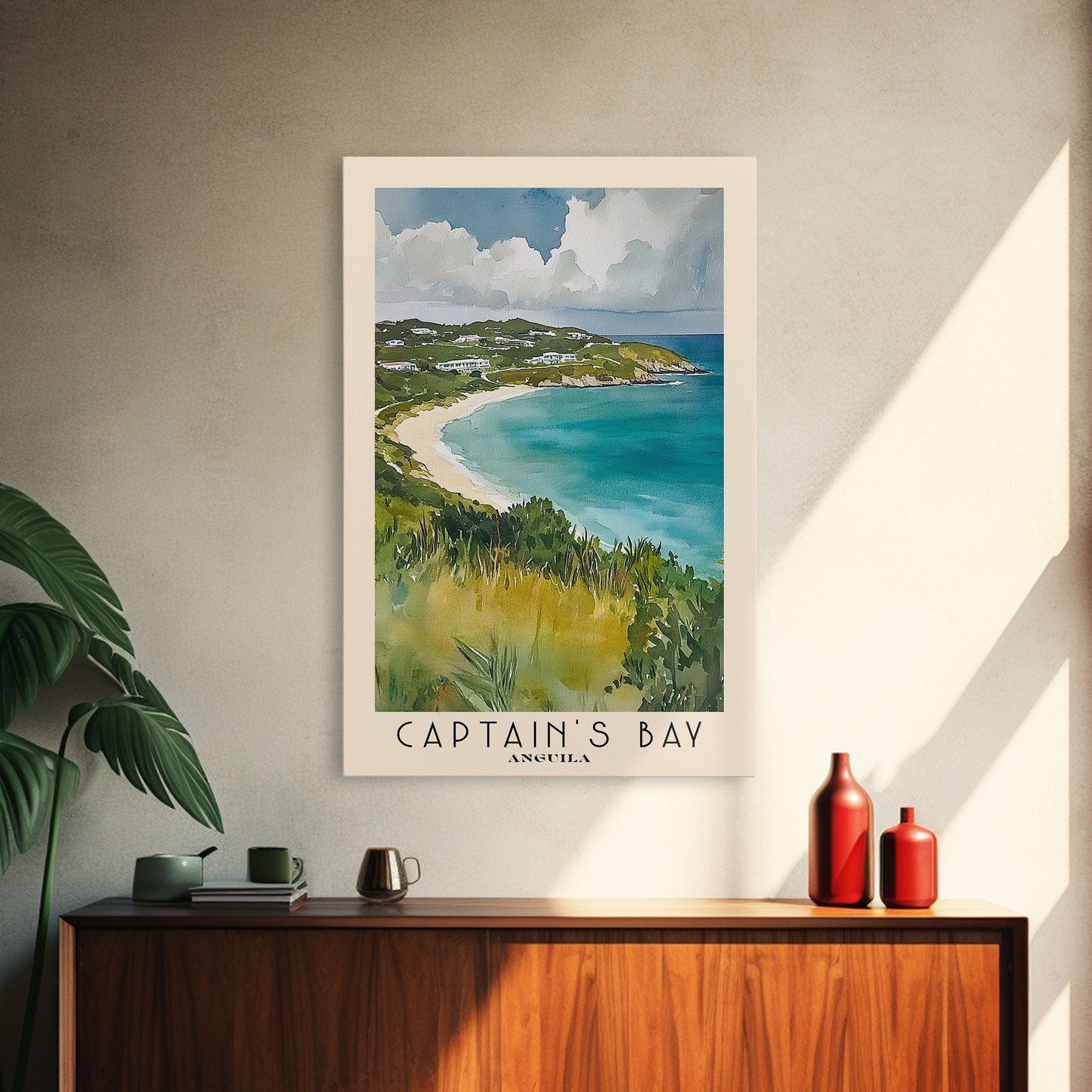 Captain's Bay, Anguila Watercolor Print, Vacation Gift, Anguila Wall Art, Beach Painting, Beach Decor, Large Wall Art, Wood Frame Art