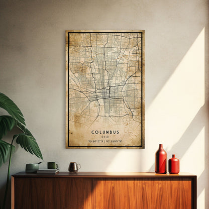 Columbus vintage map print poster or framed canvas, Ohio map print poster canvas, Columbus city map print poster canvas