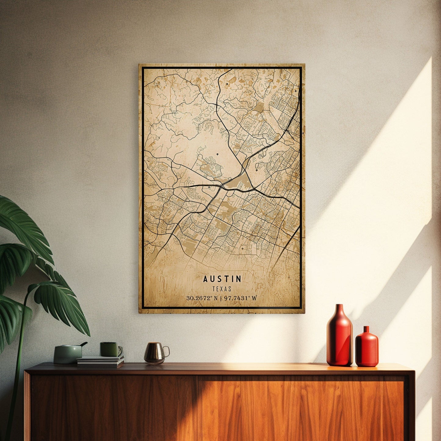 Austin Map Print Canvas or Poster, Texas Map Art, Texas Map Print, Vintage Austin Texas Map Framed Art, Retro / Distressed Office Art