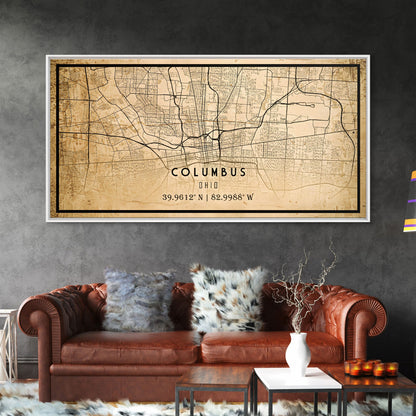 Columbus vintage map print poster or framed canvas, Ohio map print poster canvas, Columbus city map print poster canvas