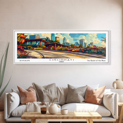Cincinnati Ohio Panoramic Painting Framed Canvas Print, Mid Century Modern Art, Pop Art Style, Travel Poster, Wall Art Decor