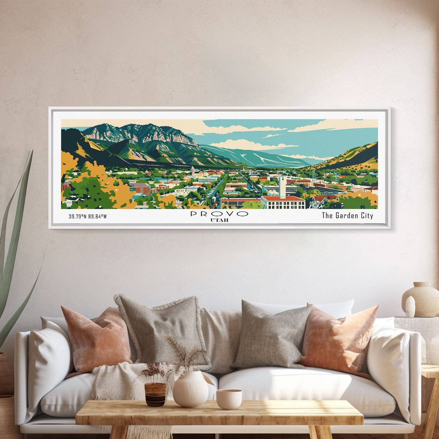 Panoramagemälde von Provo, Utah, gerahmter Leinwanddruck im Mid-Century-Modern-Stil, Retro-Pop-Art-Reiseposter, Stadtbild, Wanddekoration fürs Büro, Wohnzimmerbild
