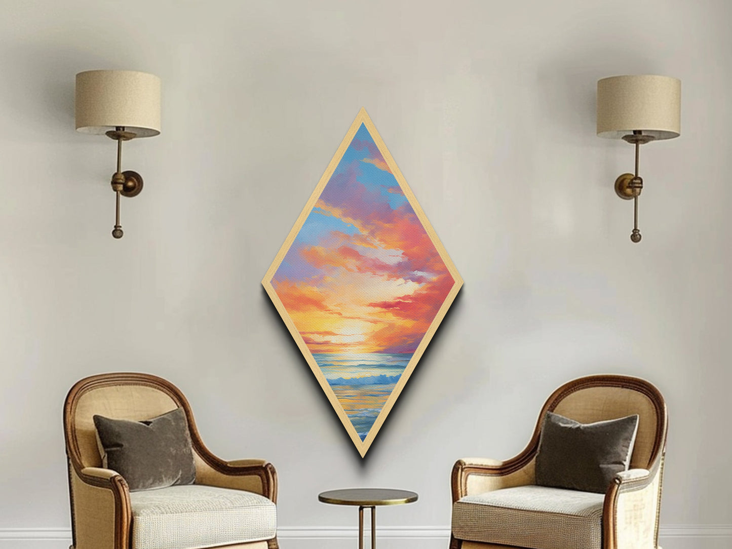 Radiant Seaside Sunset – Canvas Art Print Coastal Beach Wall Decor, Pastel Sky, Ocean Landscape, Diamond Wall Hanging, Tranquil Vibes