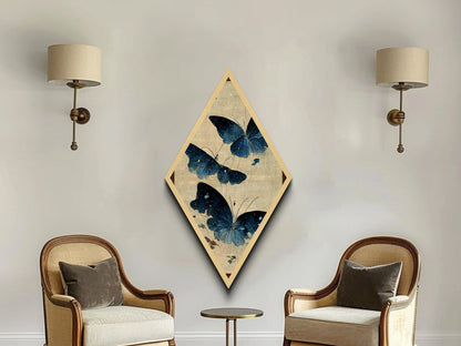 Blue Butterfly Flight Diamond Shaped Canvas Art Print, Japanese Insect Botanical Wall Decor, Nature Moth Garden Inspired Piece