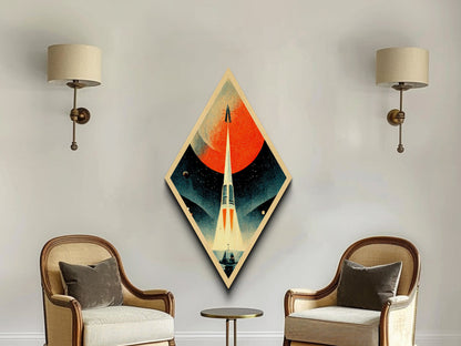 Rocket Launch Scene Diamond Shaped Canvas Textured Print, Retro Futurism Sci-Fi Wall Art, Outer Space Travel Vintage Poster