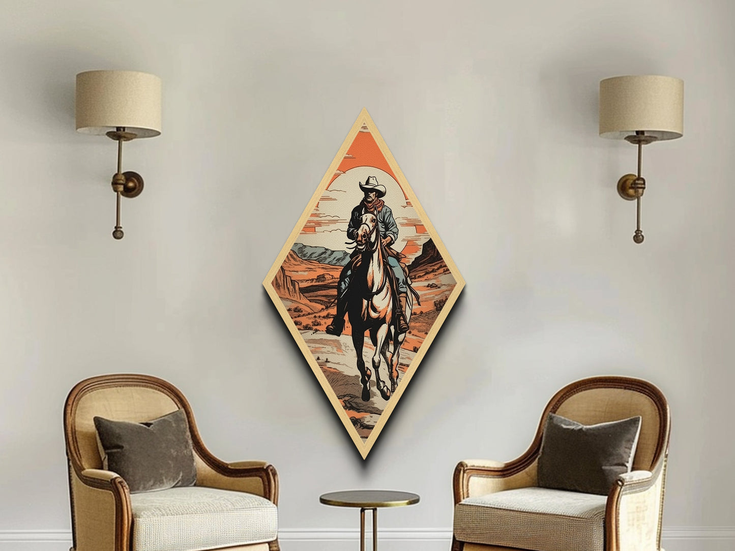 Canyon Trail Cowboy Ride Diamond Shaped Canvas Textured Print — Southwestern Western Wall Art Desert Horse Scene Rustic Ranch Decor