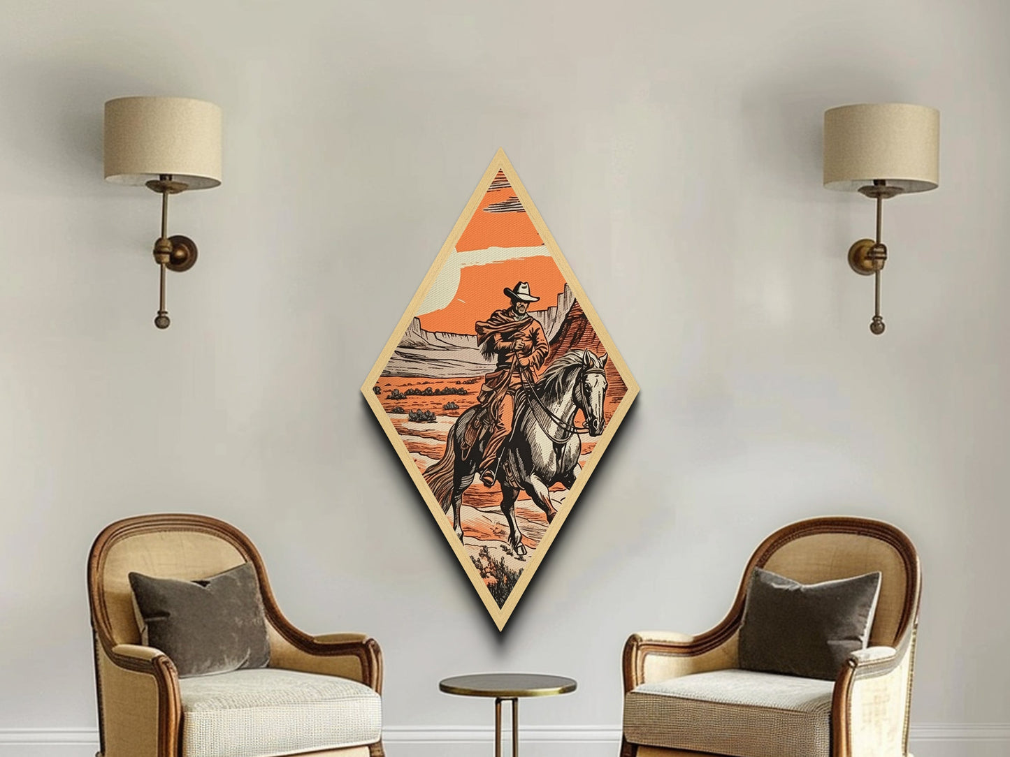 Cowboy Under Canyon Sun Diamond Shaped Canvas Embossed Print — Retro Western Wall Art Horseback Desert Scene Country Cabin Decor