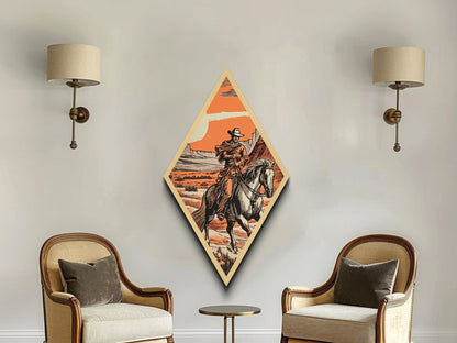 Cowboy Under Canyon Sun Diamond Shaped Canvas Embossed Print — Retro Western Wall Art Horseback Desert Scene Country Cabin Decor
