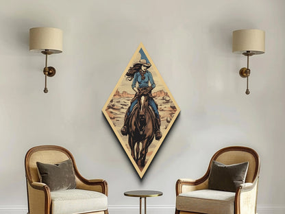 Sunset Cowgirl Ride Diamond Shaped Retro Western Canvas Textured Print Female Rider on Horseback Desert Scenic Illustration Wall Art