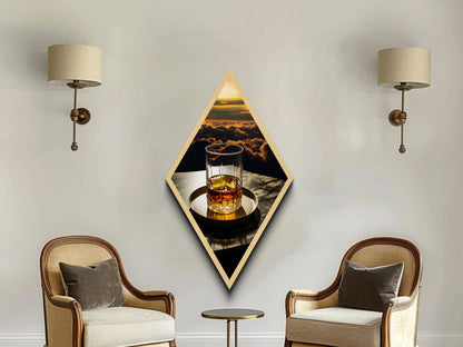 Sunset Sky Whiskey – Diamond Shaped Canvas Textured Print Luxury Cocktail Art, Golden Hour Bar Decor, Romantic Spirits Lounge Artwork