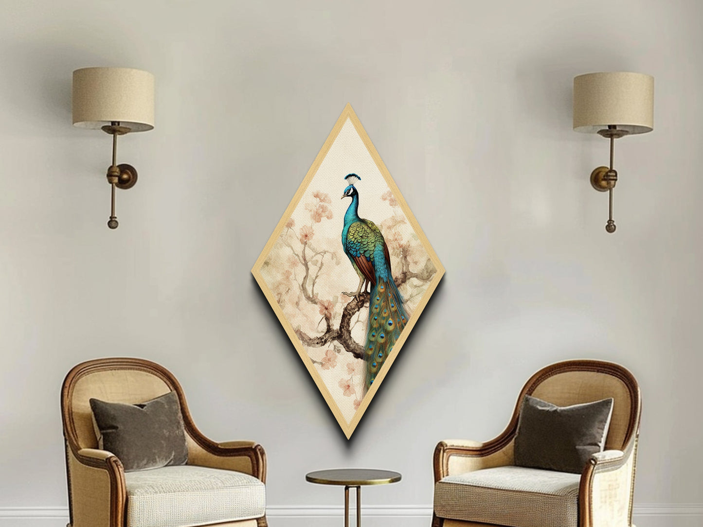 Majestic Peacock Bloom Diamond Shaped Elegant Bird Wall Art Canvas Textured Print Botanical Fine Art Nature-Inspired Decor