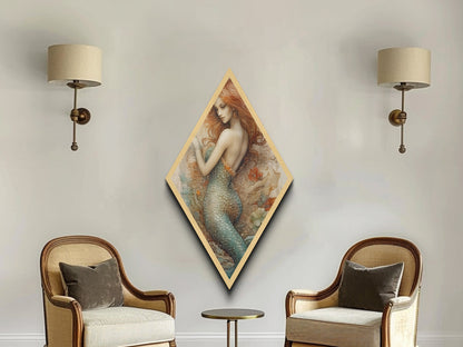 Enchanted Mermaid Muse Diamond Shaped Ocean Fantasy Wall Art Canvas Textured Print Mythical Sea Maiden Vintage Illustration