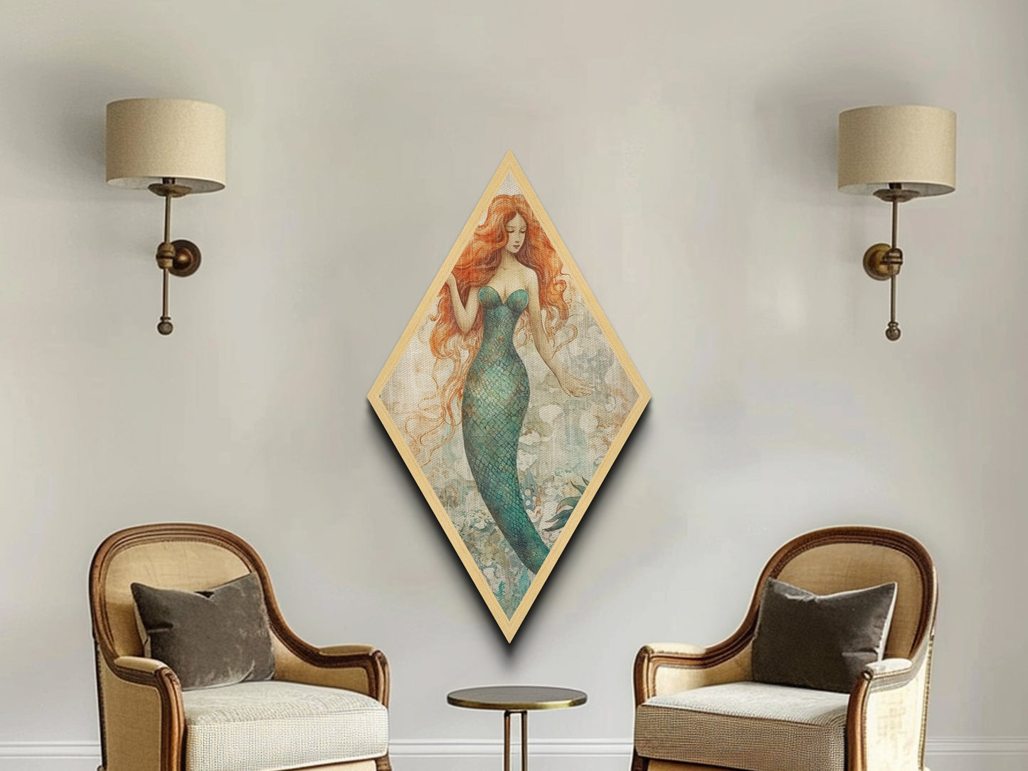 Ocean Spirit Mermaid Diamond Shaped Ethereal Fantasy Art Canvas Embossed Print Mystical Redhead Decorative Underwater Beauty